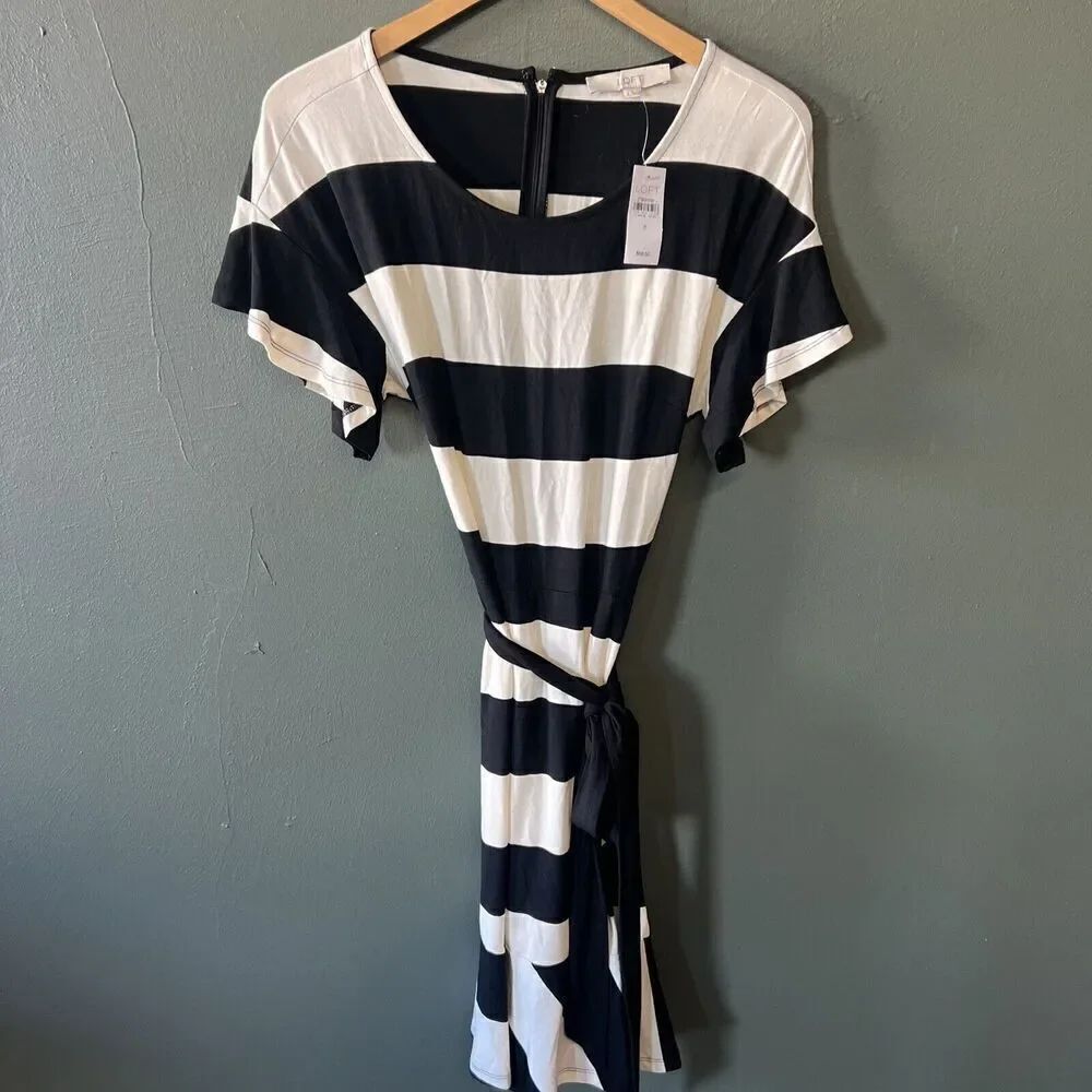 NWT Ann Taylor Loft Black White Striped Dress 8 Womens